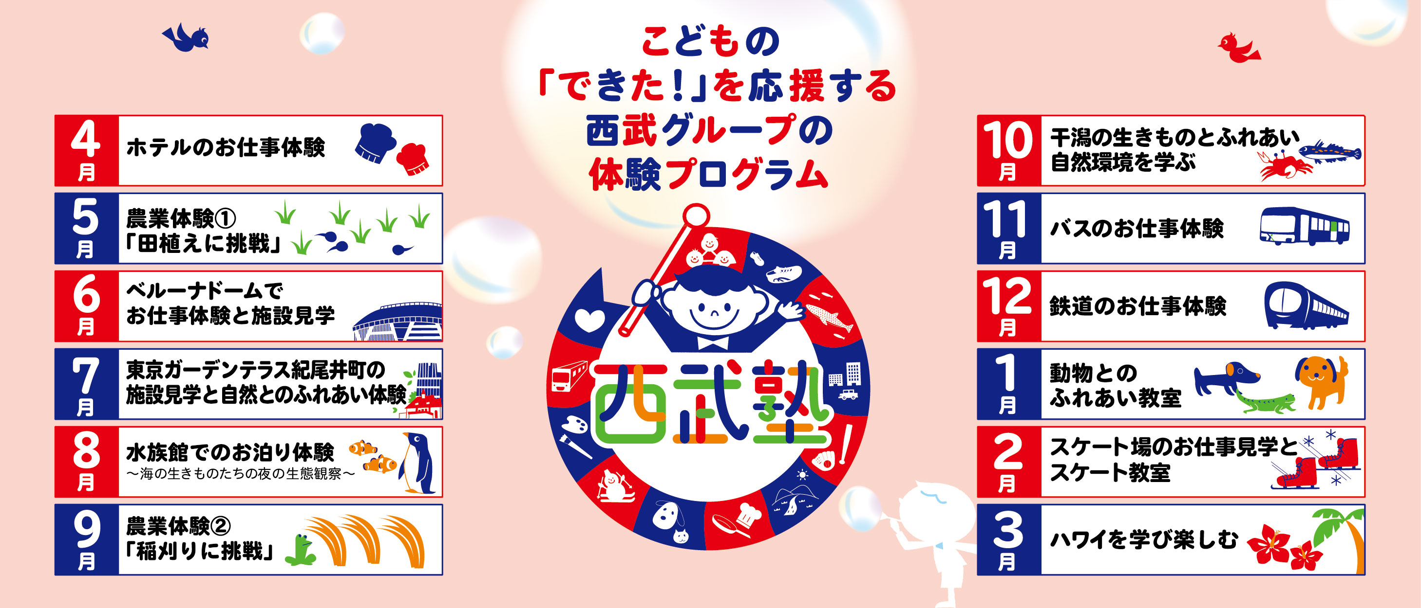 こどもの「できた！」を応援する西武グループの体験プログラム 西武塾 4月ホテルのお仕事体験 5月農業体験①「田植えに挑戦」 6月ベルーナドームでお仕事体験と施設見学 7月東京ガーデンテラス紀尾井町の施設見学と自然とのふれあい体験 8月水族館でのお泊り体験 海の生きものたちの夜の生態観察 9月農業体験②「稲刈りに挑戦」 10月千潟の生きものとふれあい自然環境を学ぶ 11月バスのお仕事体験 12月鉄道のお仕事体験 1月動物とのふれあい教室 2月スケート場のお仕事見学とスケート教室 3月ハワイを学び楽しむ